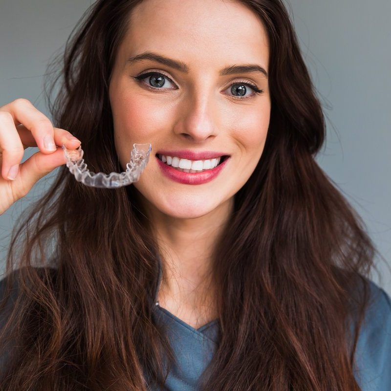 Young beautiful woman holding dental aligner orthodontic to tee