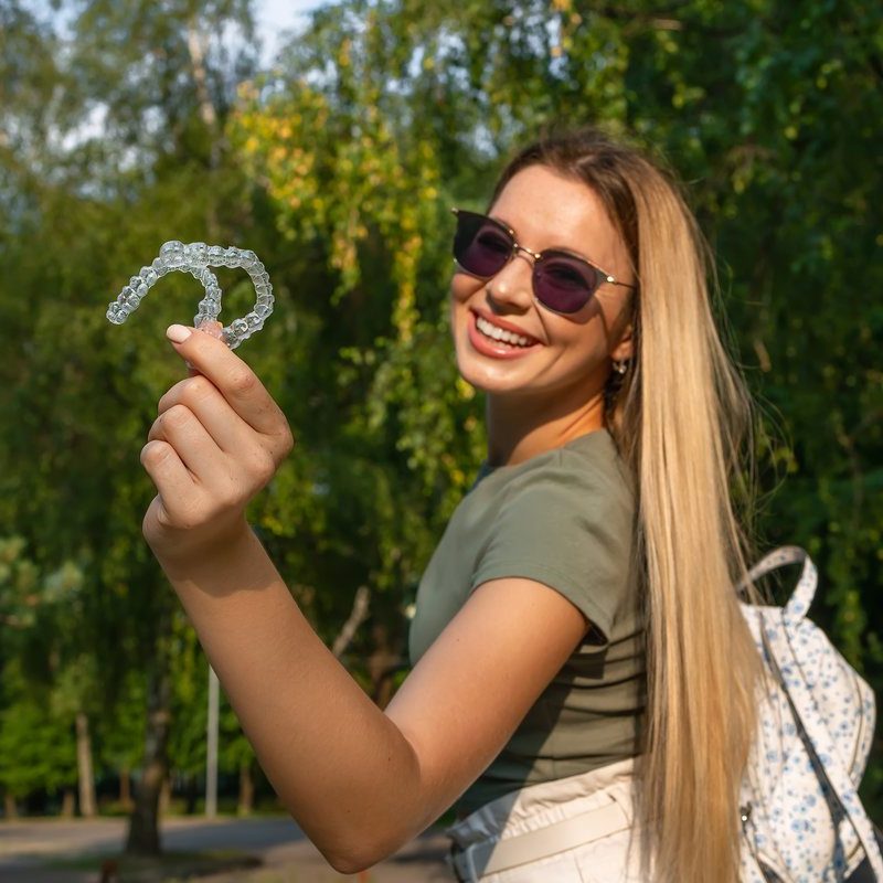 Young blonde woman with sunglasses holding invisible aligner orthodontic looking at the camera