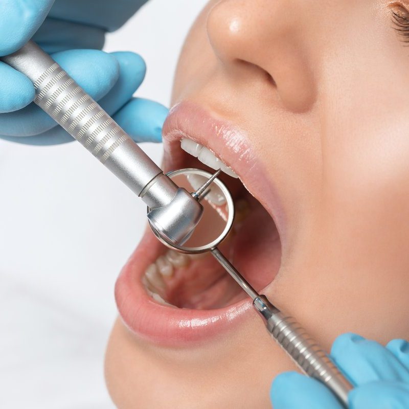 A dentist doctor treats caries on a tooth of a young beautiful woman in a dental clinic. Tooth filling.